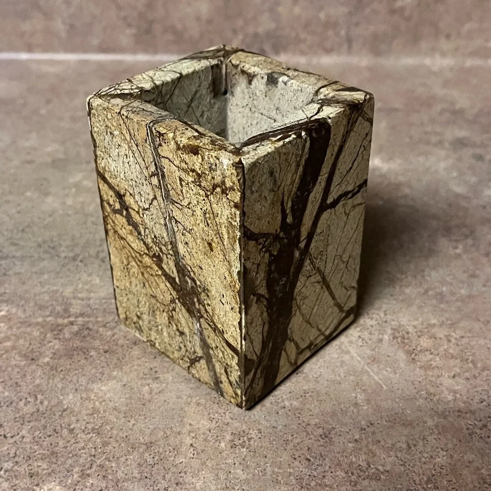 Natural marble brown forest texured marble pen holder, brush holder